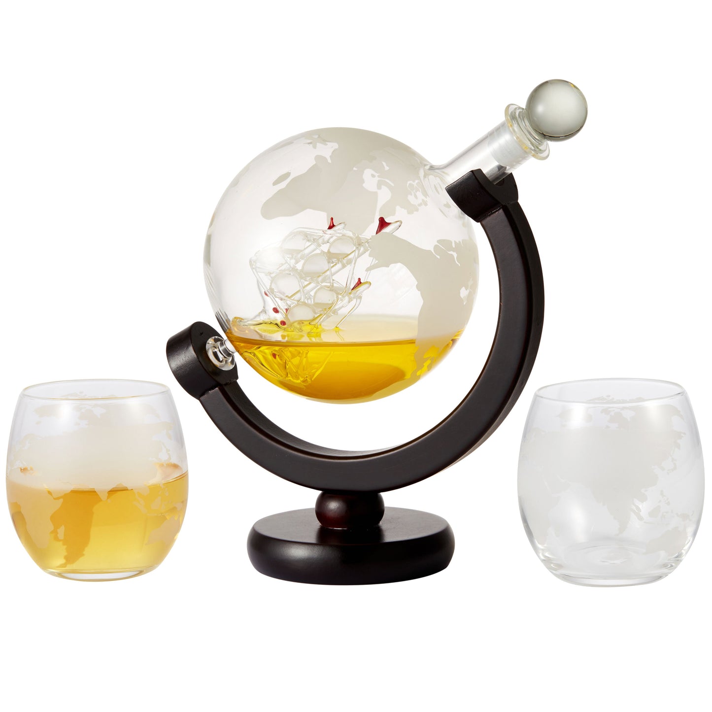 Berkware Globe Etched Whiskey Decanter With Interior Hand-Crafted Glass Ship and 2 Cups Set with Wood Base