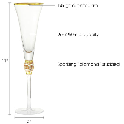 Berkware Set of 2 Trumpet Champagne Glasses - Luxurious Crystal Trumpet Champagne Flutes - Elegant Gold tone Rim & Rhinestone Embellishments - 9oz, 11" tall flutes - Champagne glasses for toasting