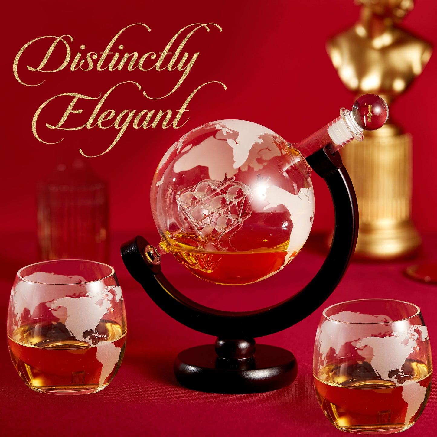 Berkware Globe Etched Whiskey Decanter With Interior Hand-Crafted Glass Ship and 2 Cups Set with Wood Base