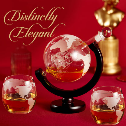 Berkware Globe Etched Whiskey Decanter With Interior Hand-Crafted Glass Ship and 2 Cups Set with Wood Base