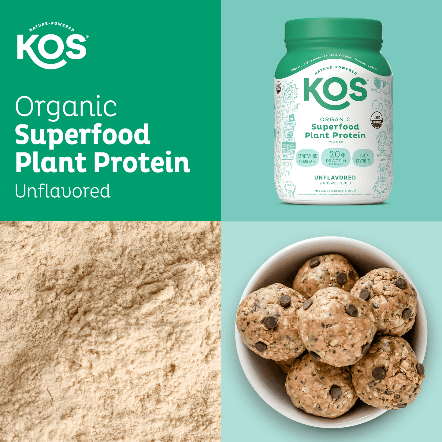 KOS Organic Plant Protein, Unflavored & Unsweetened, 28 Servings