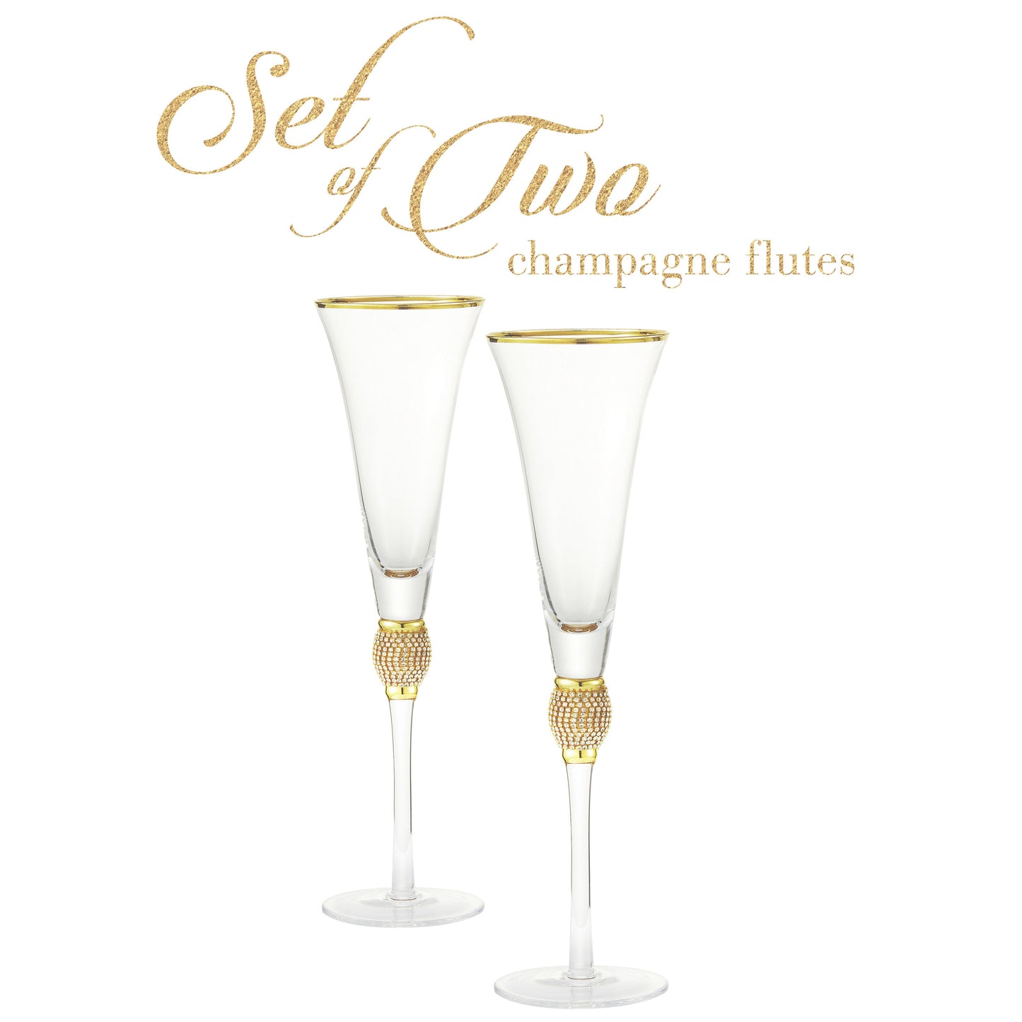 Berkware Set of 2 Trumpet Champagne Glasses - Luxurious Crystal Trumpet Champagne Flutes - Elegant Gold tone Rim & Rhinestone Embellishments - 9oz, 11" tall flutes - Champagne glasses for toasting