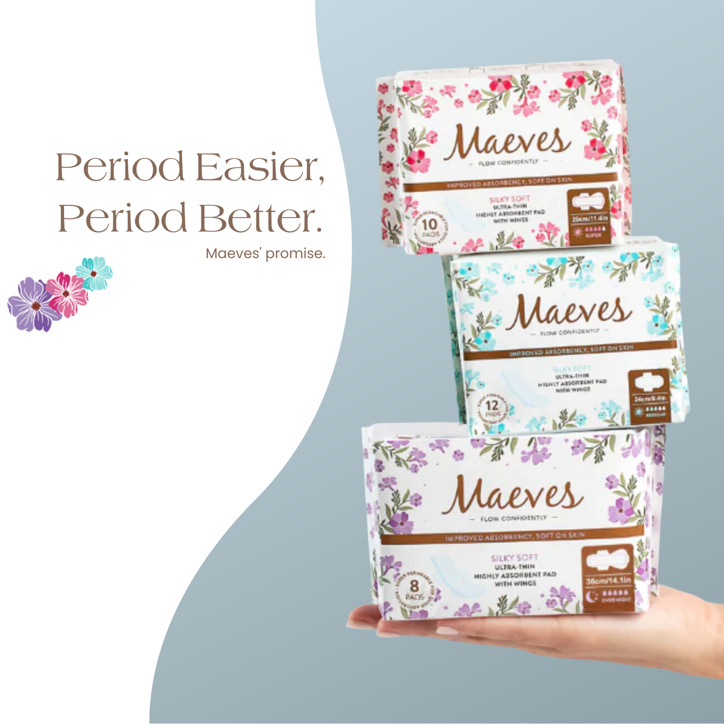 Ultra-Thin Regular, Super, Overnight and Extra Heavy Absorbency Pads All 3 Sizes- 3 Packs by Maeves Pads