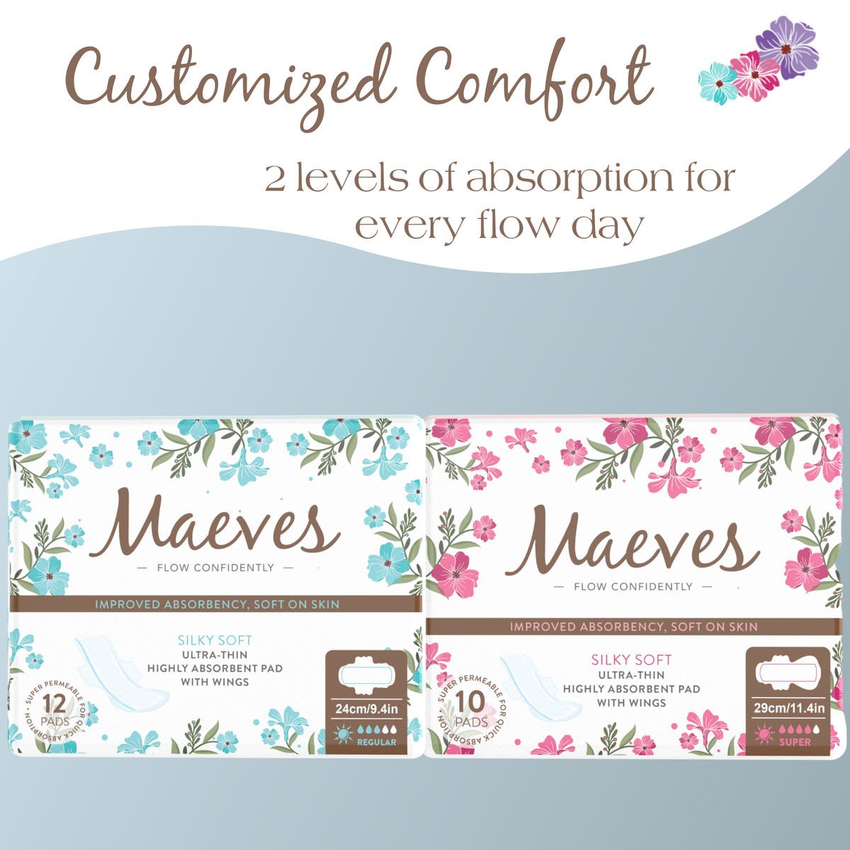 Ultra-Thin Regular and Super Absorbency Sanitary Pads- 2 Packs by Maeves Pads