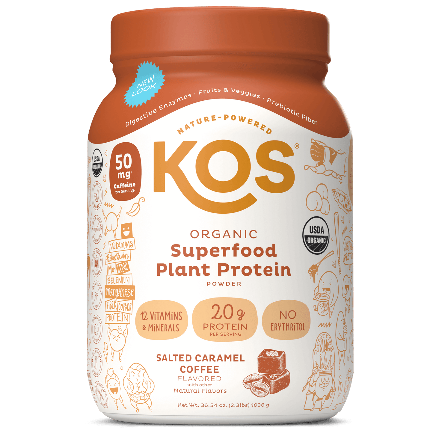 KOS Organic Plant Protein, Salted Caramel Coffee, 28 servings