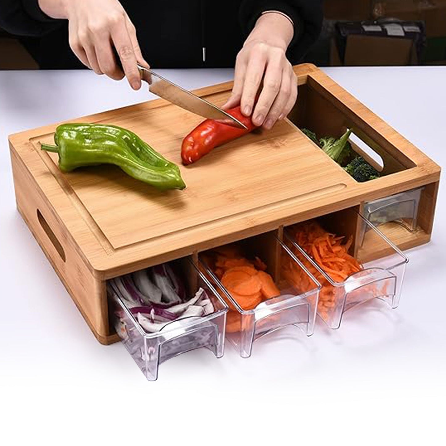 Cheer Collection Bamboo Cutting Board with 4 Slide-Out Storage Trays