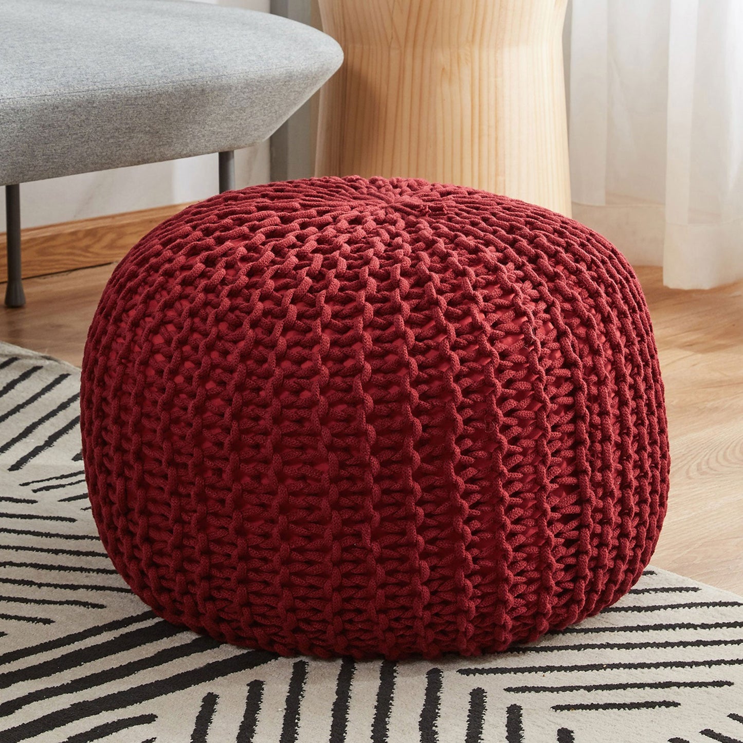 Cheer Collection 18" Round Pouf Ottoman - Chunky Hand-Knit Decorative and Comfortable Foot Rest