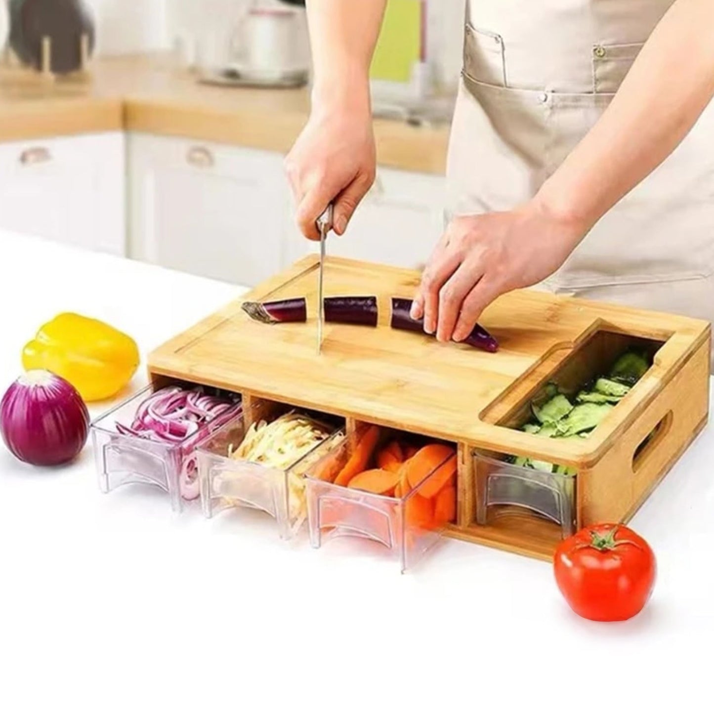 Cheer Collection Bamboo Cutting Board with Integrated Graters and 4 Storage Trays with Lids