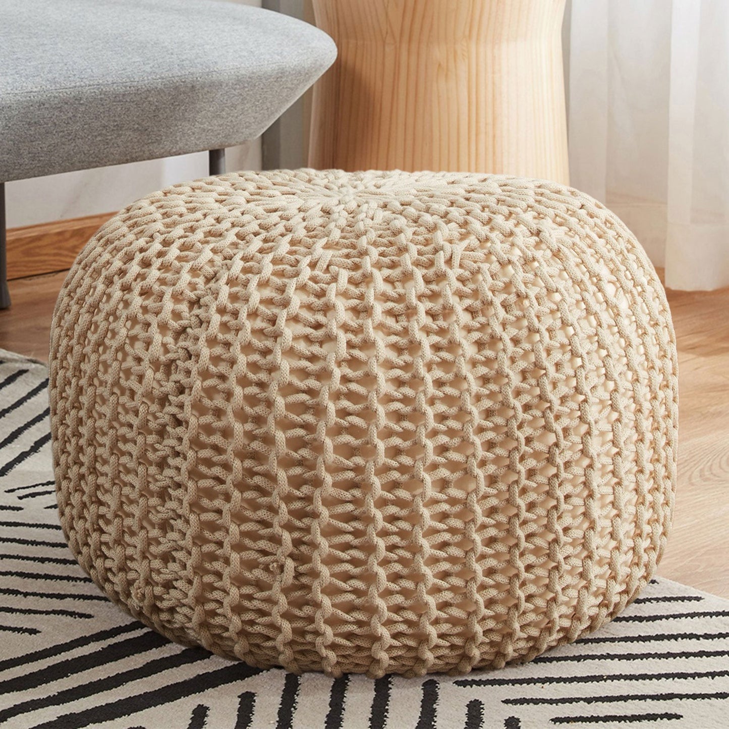 Cheer Collection 18" Round Pouf Ottoman - Chunky Hand-Knit Decorative and Comfortable Foot Rest