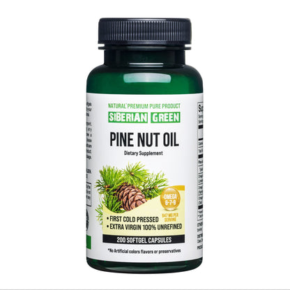 Siberian Green Pine Nut Oil Capsules 200 Softgels Wild Harvested Siberia Altai Cold Pressed Unrefined