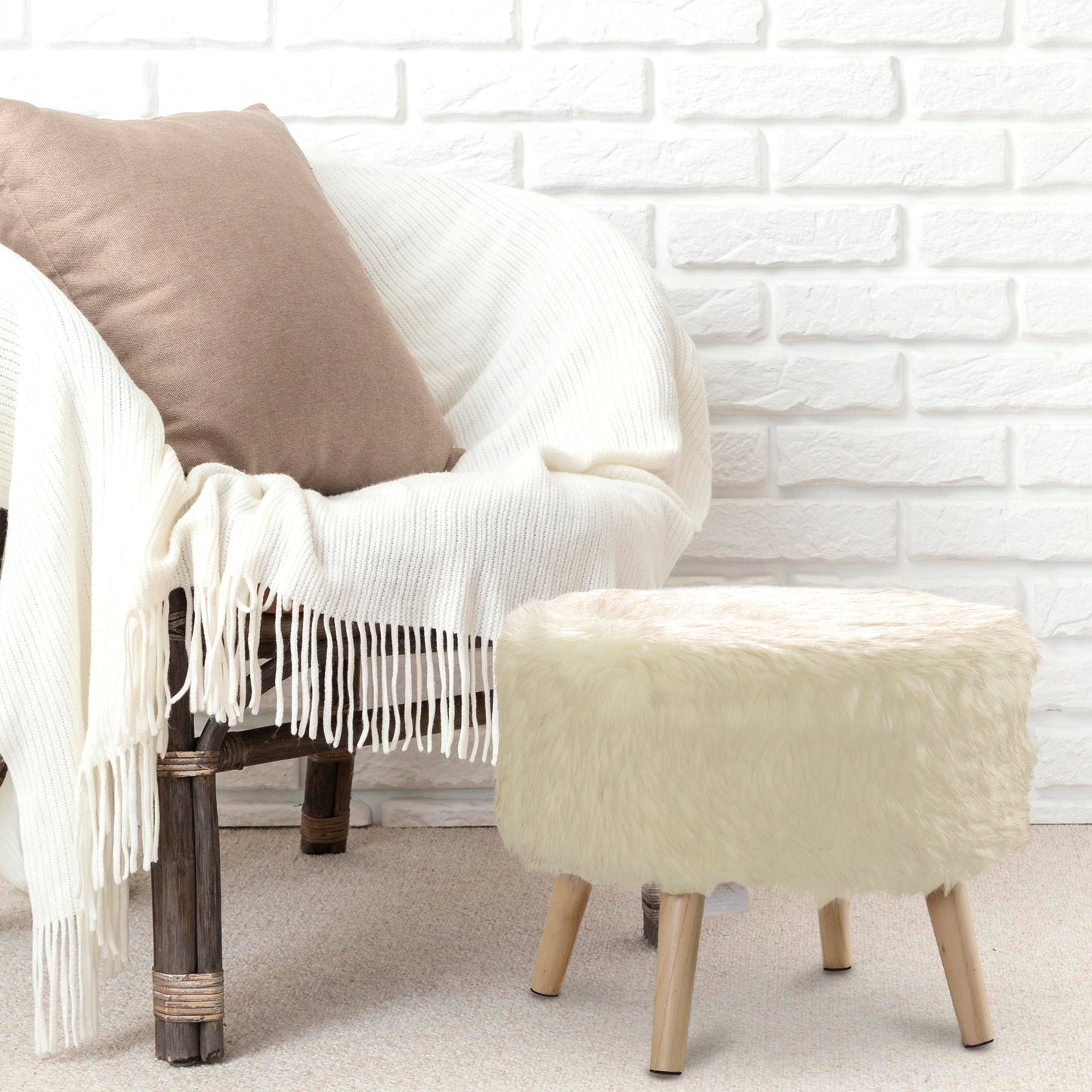 Cheer Collection Faux Fur Wood Leg Stool, White