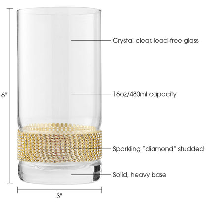 Berkware Luxurious Highball Cocktail Glasses - Sparkling "Rhinestone Diamond" Studded  Collins Glass - 16oz, Set of 2