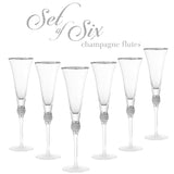 Berkware Set of 6 Champagne Glasses - Luxurious Champagne Trumpet Flutes with Silver tone Dazzling Rhinestone Design and Silver tone Rim