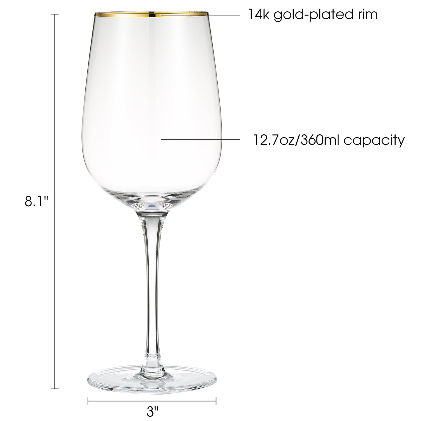 Berkware Luxurious and Elegant Long Stem Red Wine Glass with Gold tone Rim -  Set of 6