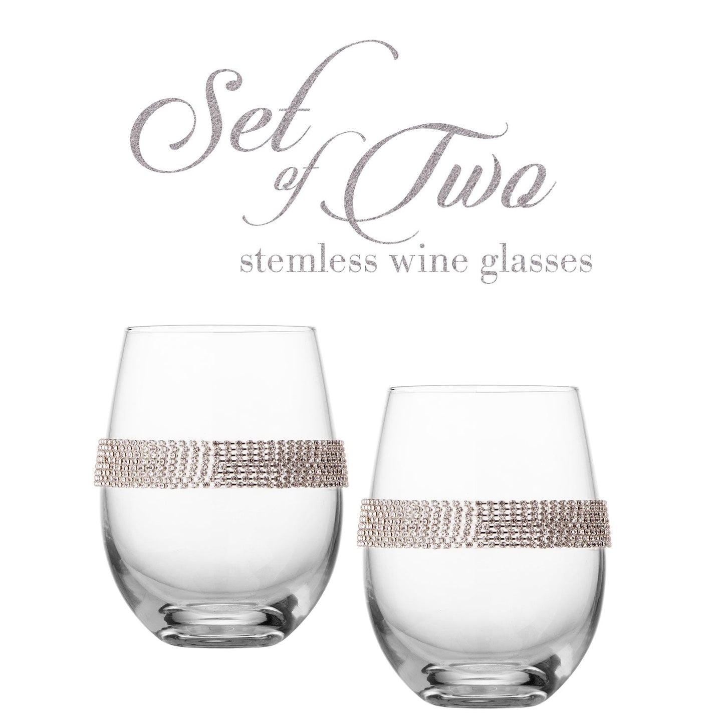 Berkware Set of 2 Stemless Wine Glasses - Luxury Wine Tumblers - Elegant Rhinestone Embellishments - 16oz, 5" tall Glassware Set - Two stemless red wine glasses for toasting