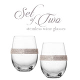 Berkware Set of 2 Stemless Wine Glasses - Luxury Wine Tumblers - Elegant Rhinestone Embellishments - 16oz, 5" tall Glassware Set - Two stemless red wine glasses for toasting
