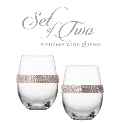 Berkware Set of 2 Stemless Wine Glasses - Luxury Wine Tumblers - Elegant Rhinestone Embellishments - 16oz, 5" tall Glassware Set - Two stemless red wine glasses for toasting