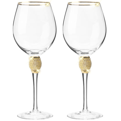 Berkware Set of 2 Wine Glasses - Luxurious and Elegant Sparkling Studded Long Stem Red Wine Glass with Gold tone Rim