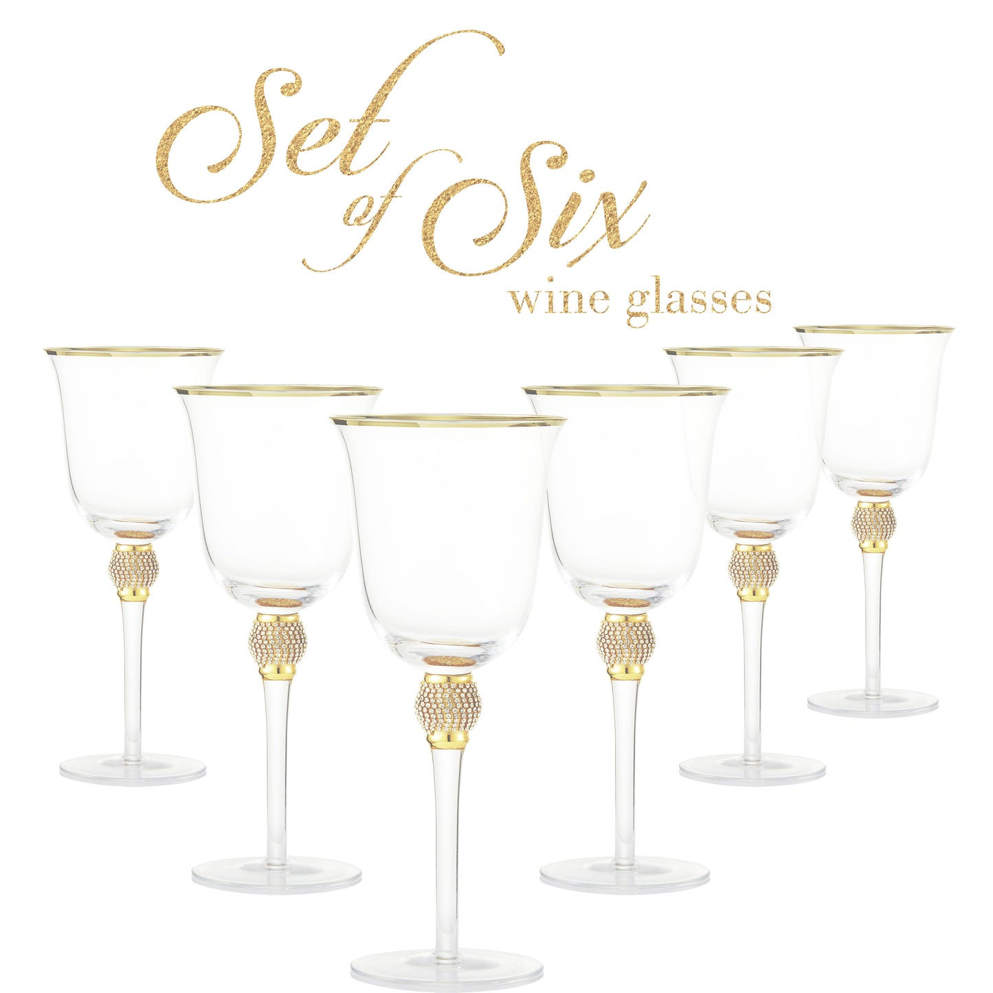 Berkware Set of 6 Gold tone Wine Glasses - Luxurious Rose and White Wine Glass with Dazzling Rhinestone Design and Gold tone Rim