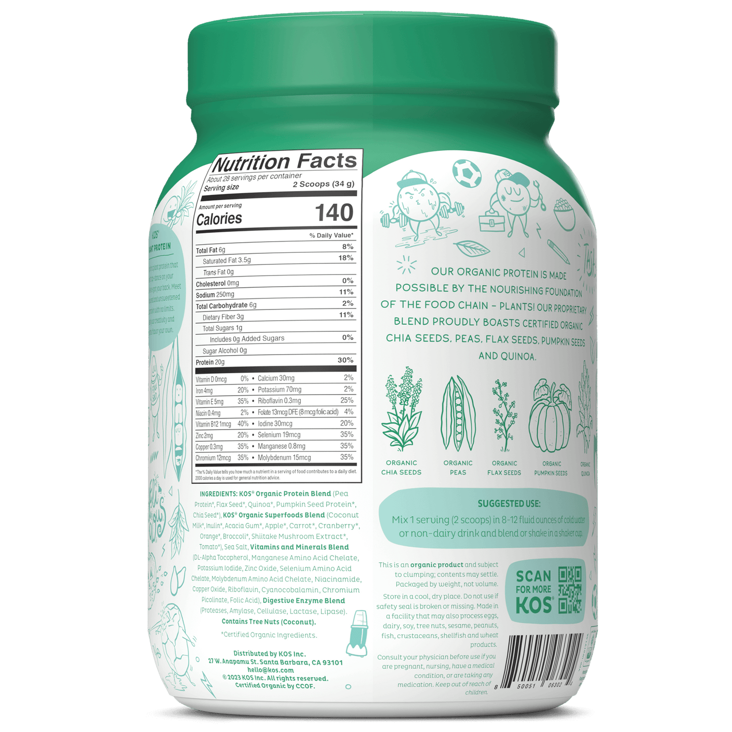 KOS Organic Plant Protein, Unflavored & Unsweetened, 28 Servings