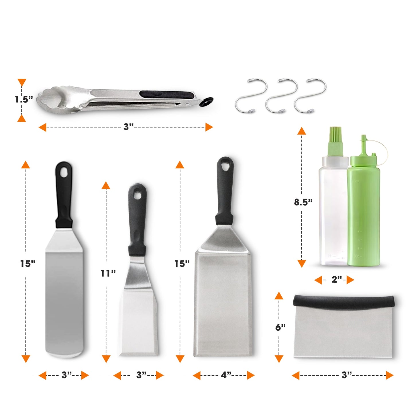 Cheer Collection 7-Piece Griddle Set – Stainless Steel BBQ Grill Tools with Spatulas, Scraper, Bottles, and Locking Tongs