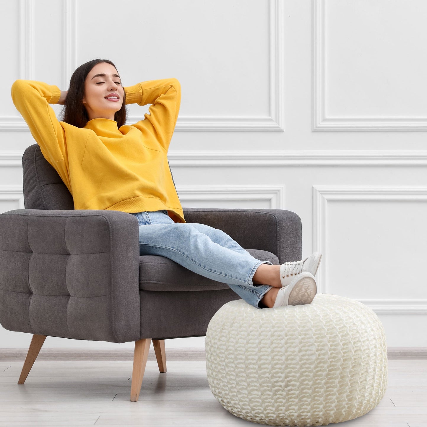 Cheer Collection 18" Round Pouf Ottoman - Chunky Hand-Knit Decorative and Comfortable Foot Rest