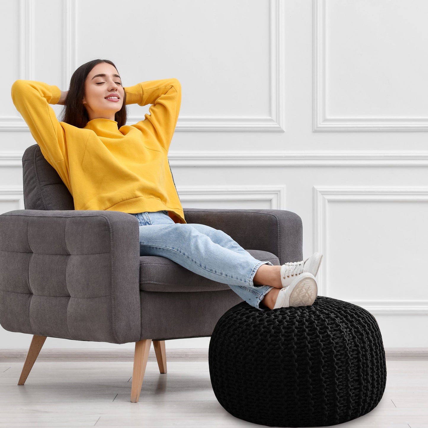 Cheer Collection 18" Round Pouf Ottoman - Chunky Hand-Knit Decorative and Comfortable Foot Rest