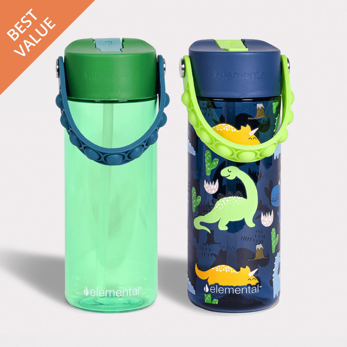 Elemental Splash 18oz Pop Bottle 2 Pack -  Dinosaur & Green