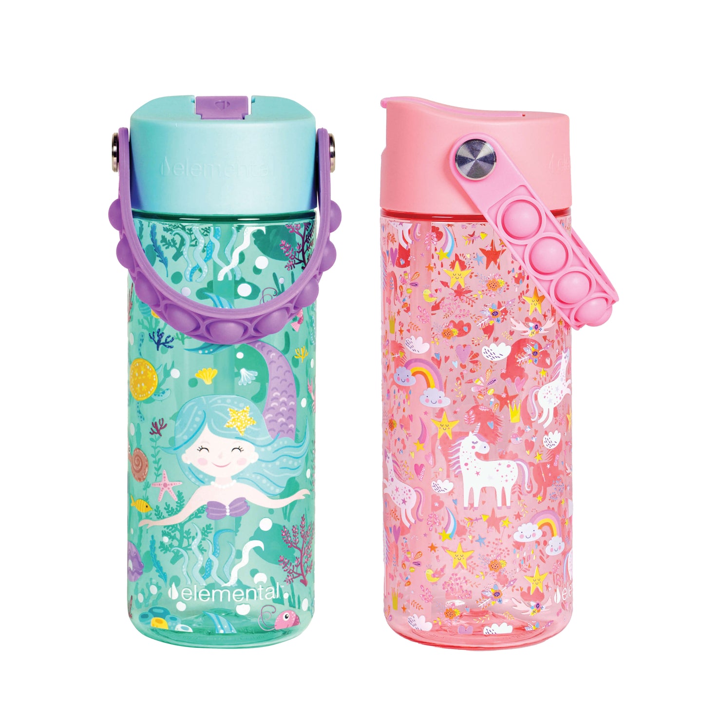 Elemental Splash 18oz Pop Bottle 2 Pack -  Mermaid and Pink Unicorn