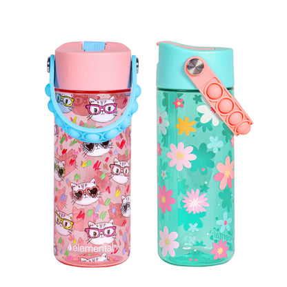 Elemental Splash 18oz Pop Bottle 2 Pack -  Stylish Cat and Spring Blossom