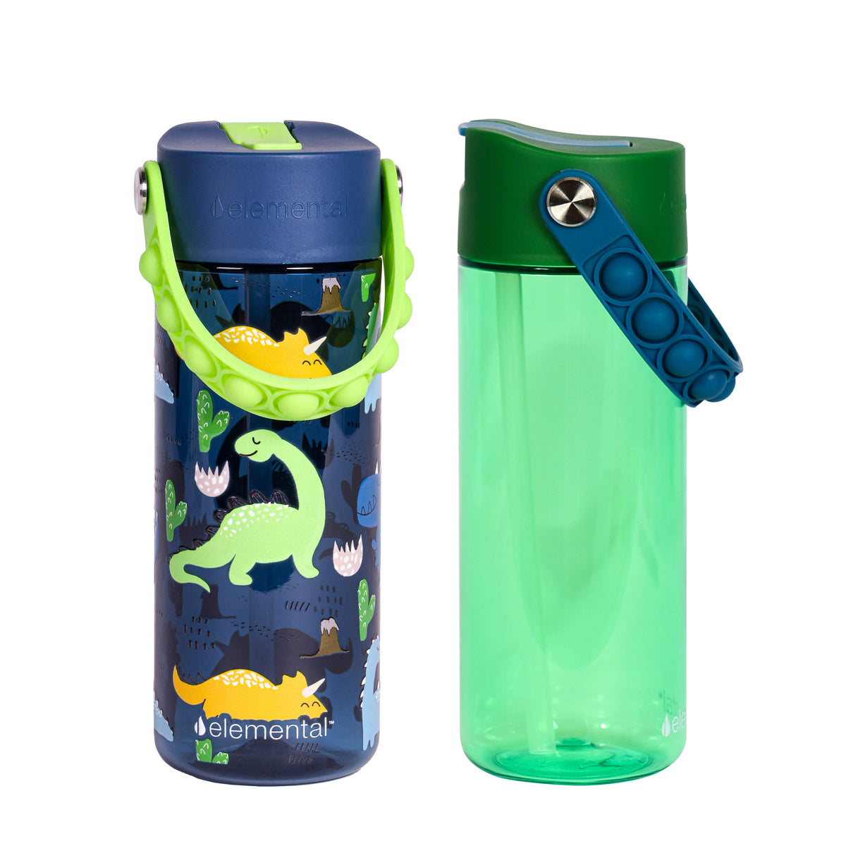 Elemental Splash 18oz Pop Bottle 2 Pack -  Dinosaur & Green