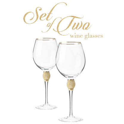 Berkware Set of 2 Wine Glasses - Luxurious and Elegant Sparkling Studded Long Stem Red Wine Glass with Gold tone Rim