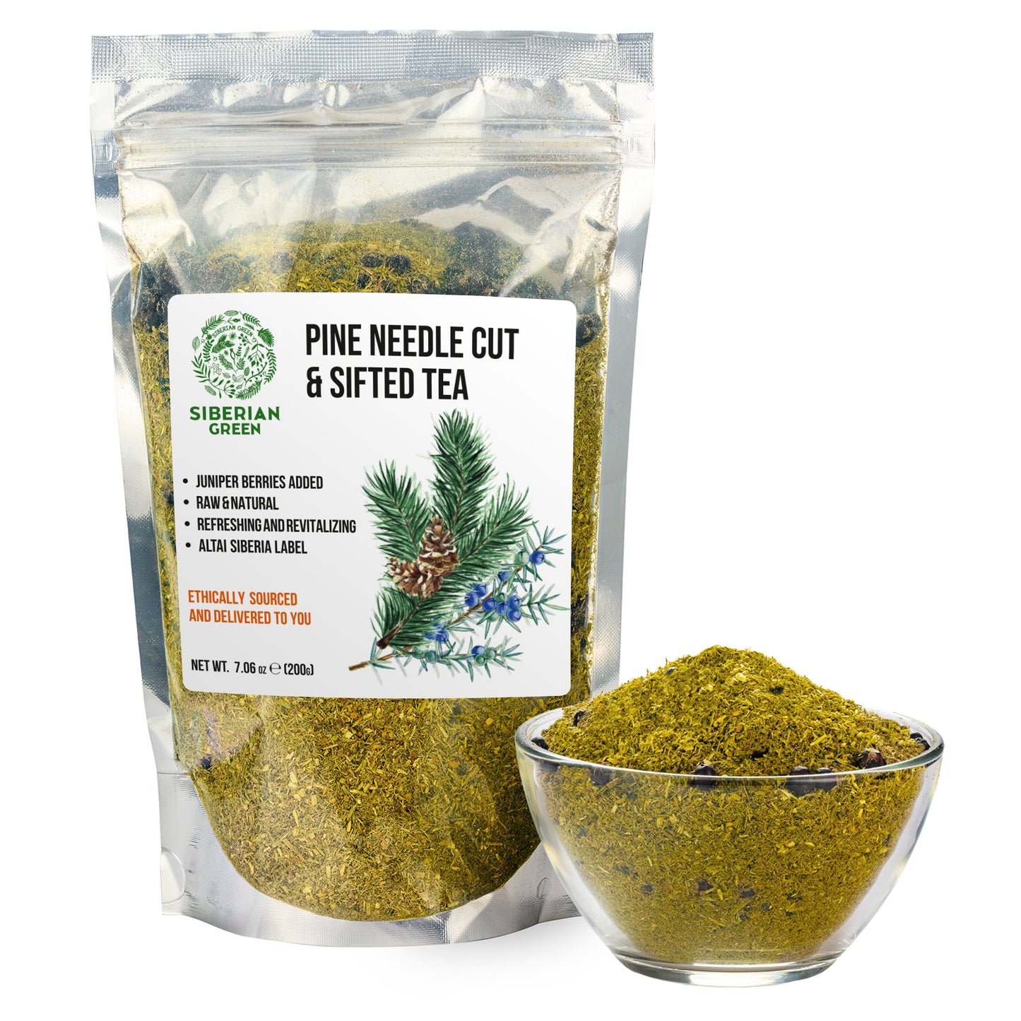 White Pine Needle Tea Loose Powder with Juniper Berries 200g – 100% Natural & Organic from Siberian Green