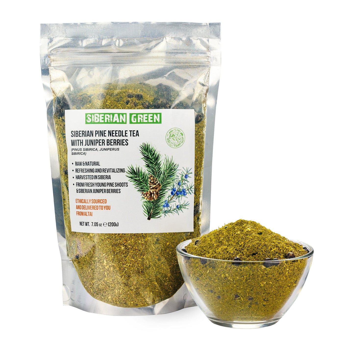 White Pine Needle Tea Loose Powder with Juniper Berries 200g – 100% Natural & Organic from Siberian Green