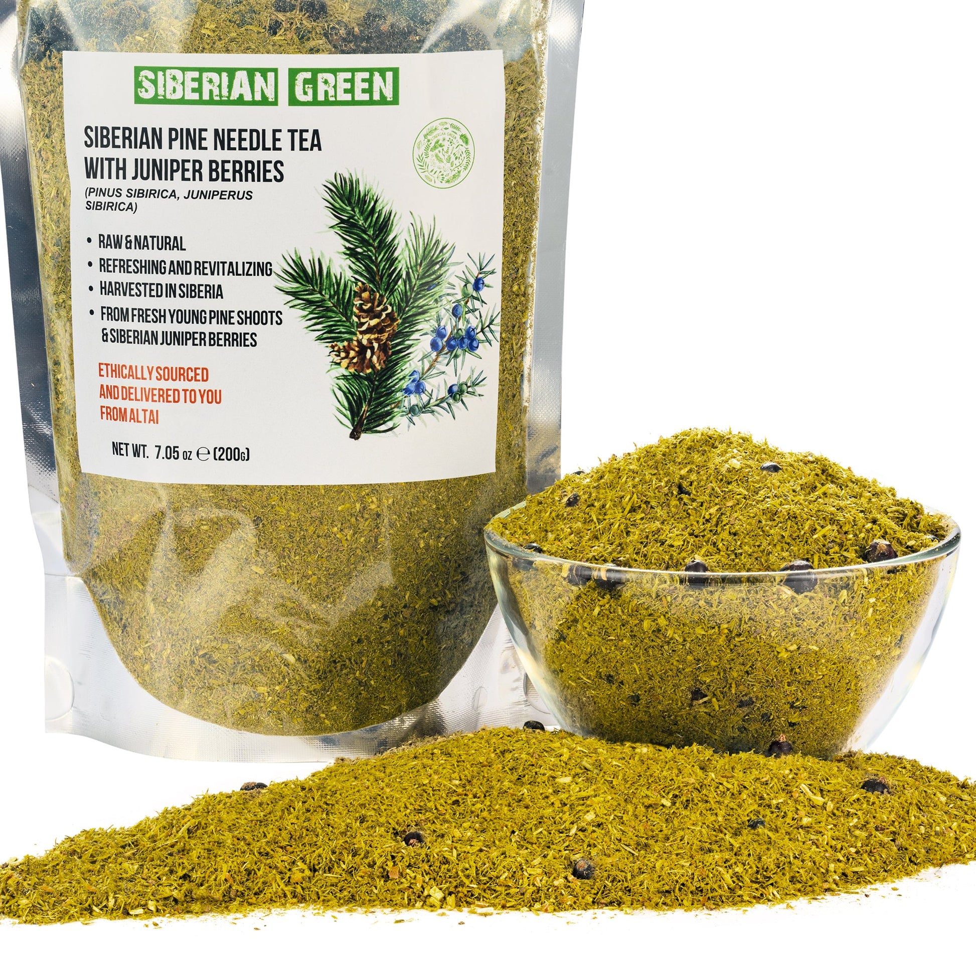 White Pine Needle Tea Loose Powder with Juniper Berries 200g – 100% Natural & Organic from Siberian Green