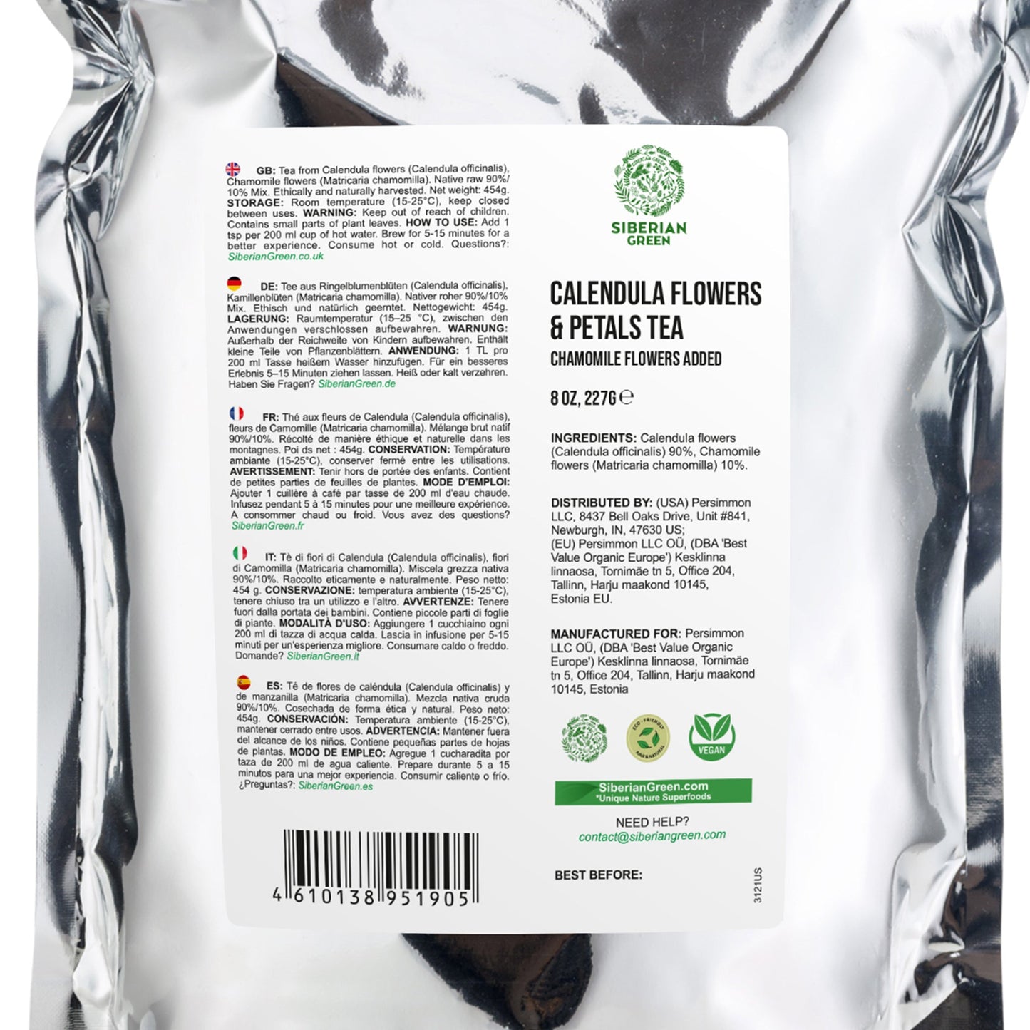 Siberian Green Calendula & Chamomile Tea – Wild Harvested Caffeine-Free (227g / 8 oz)
