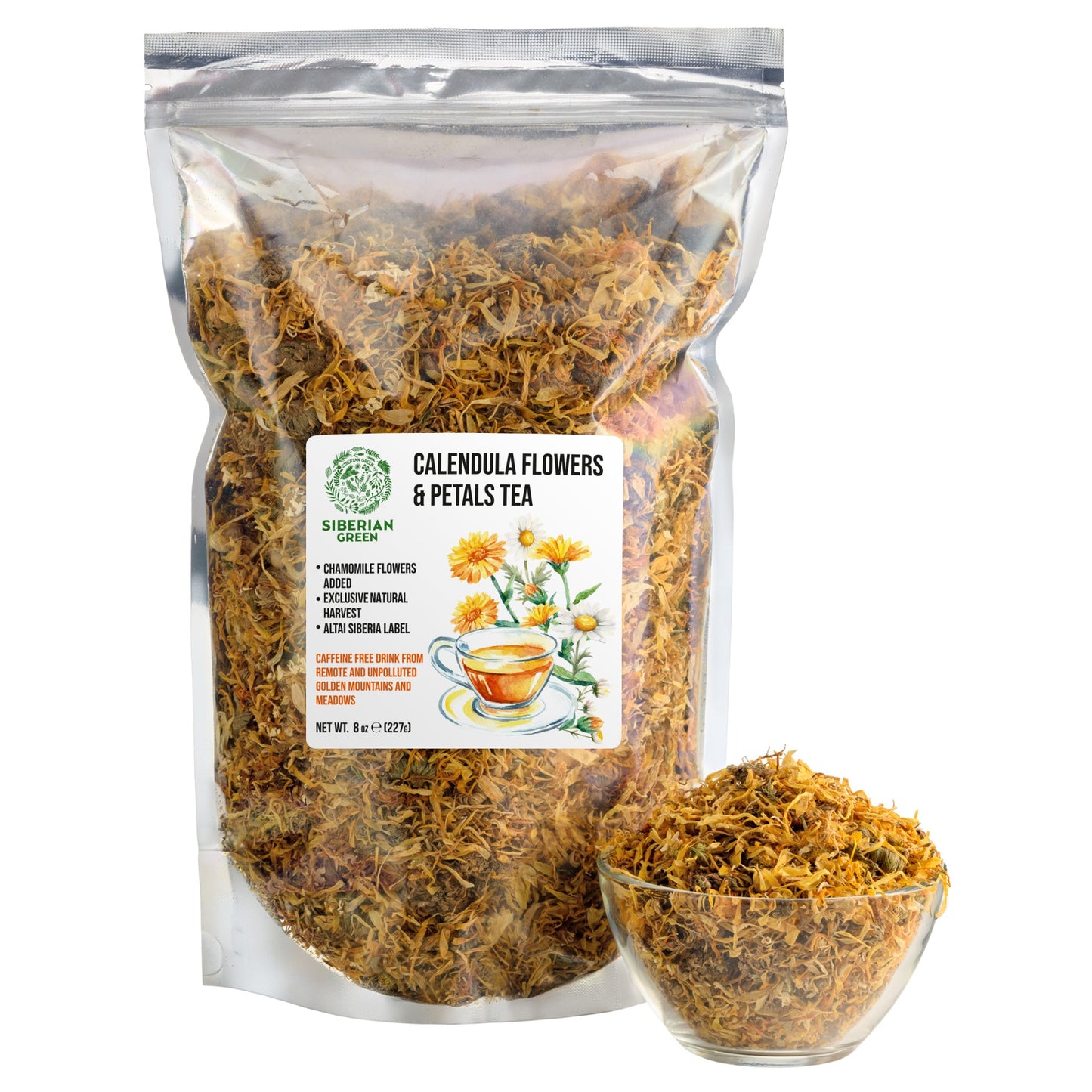 Siberian Green Calendula & Chamomile Tea – Wild Harvested Caffeine-Free (227g / 8 oz)