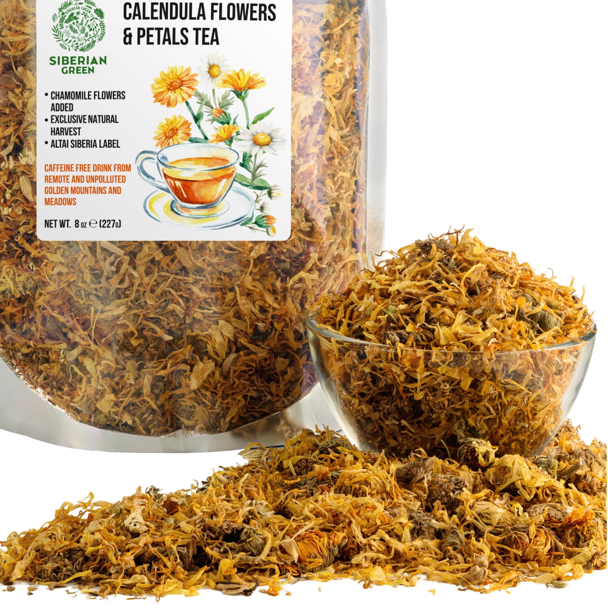 Siberian Green Calendula & Chamomile Tea – Wild Harvested Caffeine-Free (227g / 8 oz)