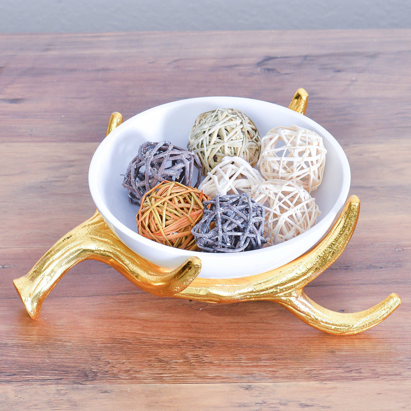 Berkware White Decorative Bowl on Gold Antler Stand - Fancy Fruit Bowl, Candy Dish and Centerpiece Bowl