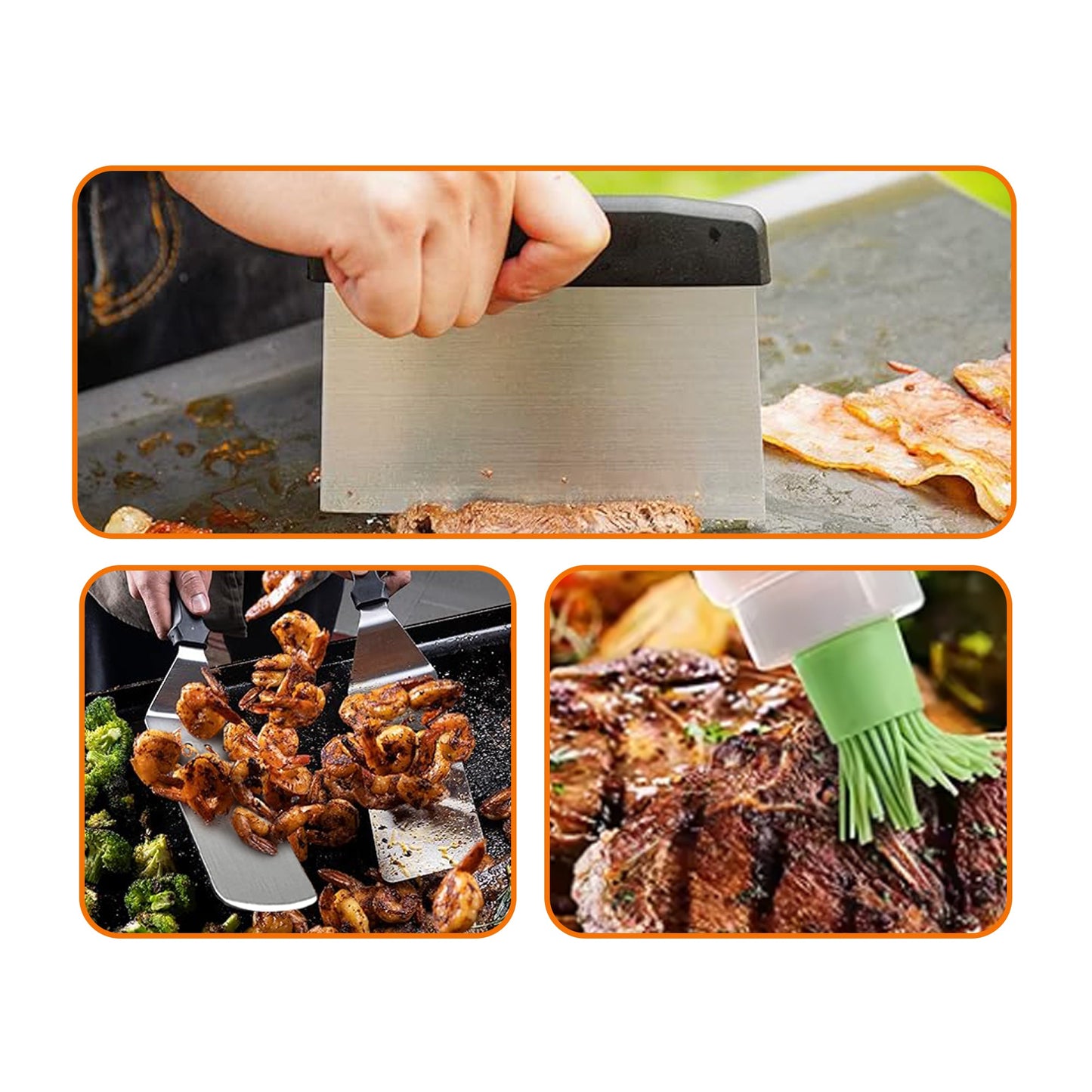 Cheer Collection 7-Piece Griddle Set – Stainless Steel BBQ Grill Tools with Spatulas, Scraper, Bottles, and Locking Tongs