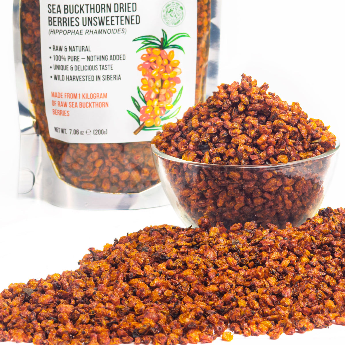 Siberian Sea Buckthorn Dried Berries 200g (7.06 oz) Raw Naturally Oily Premium Omega-7 Wild Hippophae