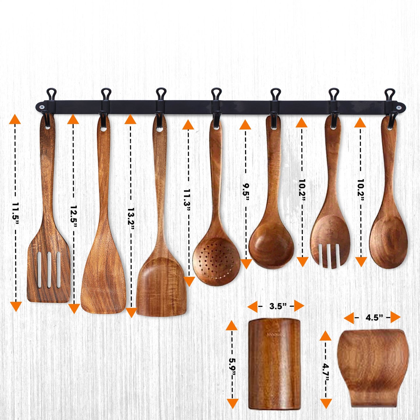 Cheer Collection 9 Piece Deluxe Wooden Utensils Set with Holder and Spoon Rest