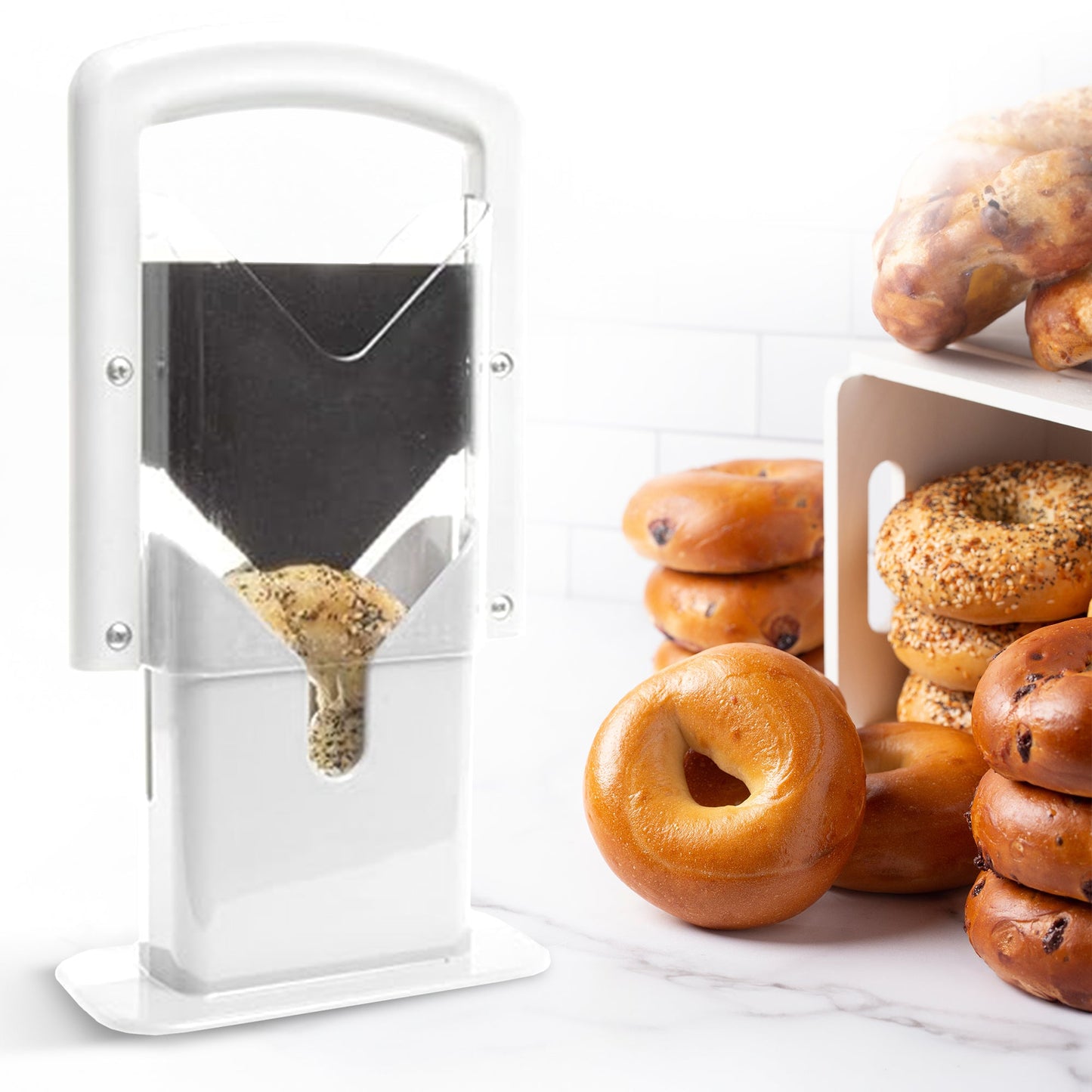 Cheer Collection Stainless Steel Guillotine Bagel Slicer, White