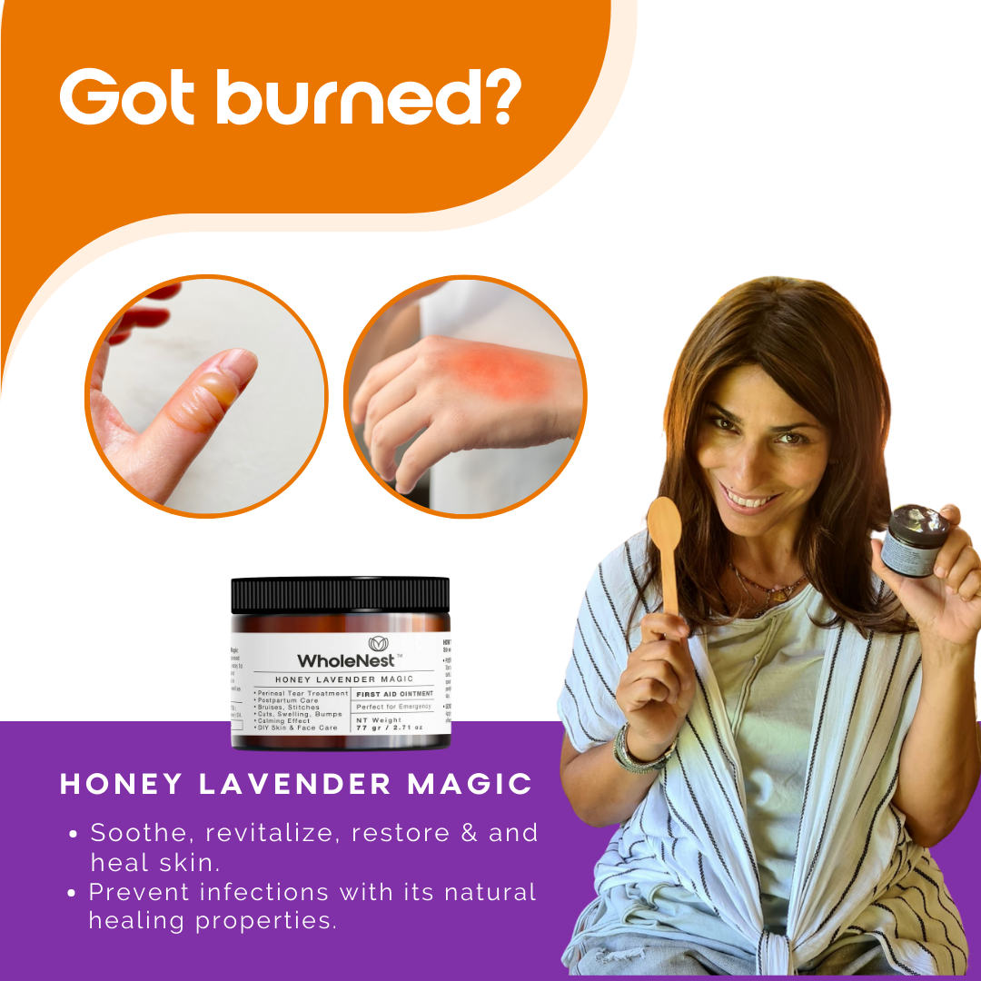 Burns Ointment, First Aid Wound Care, Cuts, Scars, Bruises, Bumps, Organic Healing Salve - Honey Lavender Magic Wholenest