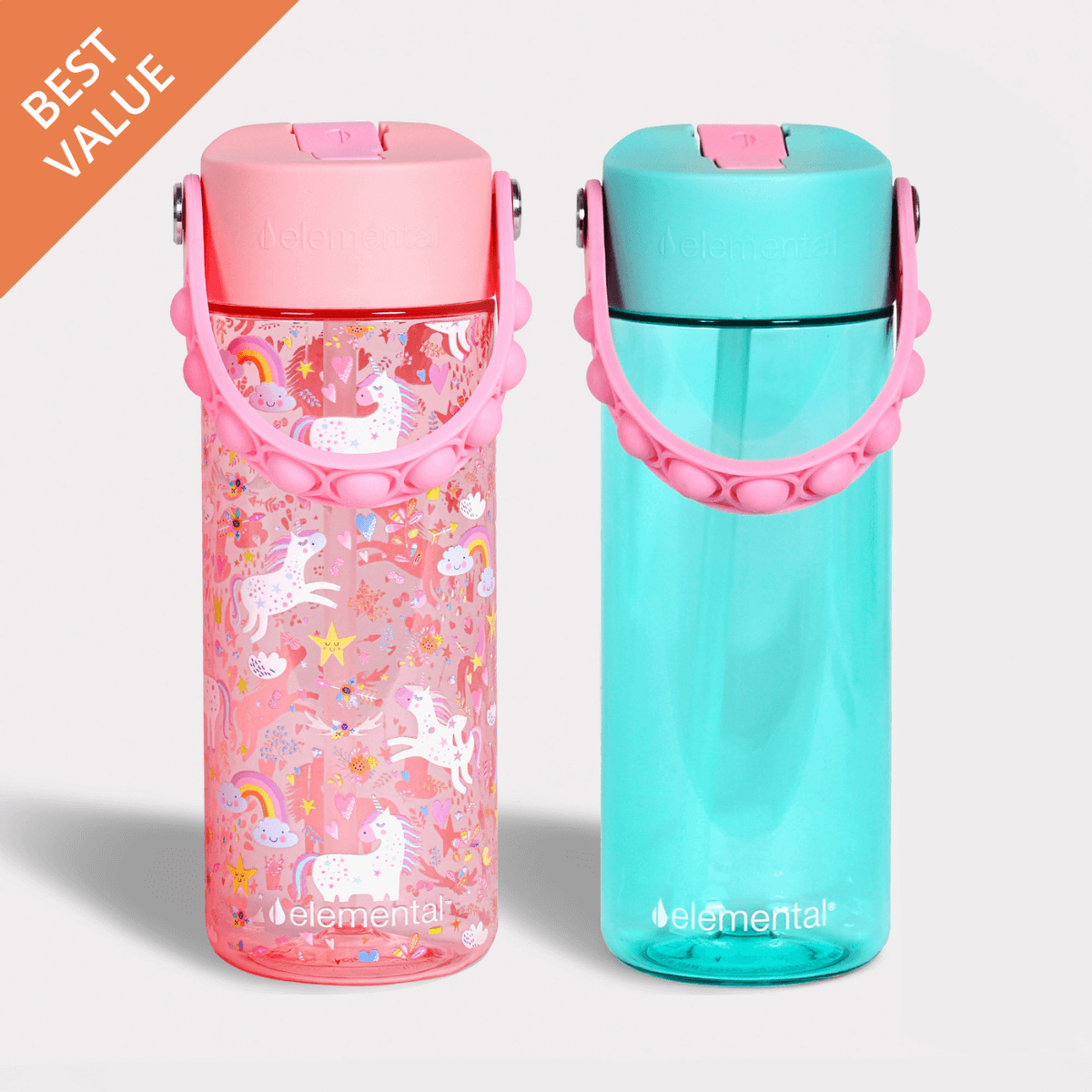 Elemental Splash 18oz Pop Bottle 2 Pack -  Pink Unicorn & Robins Egg