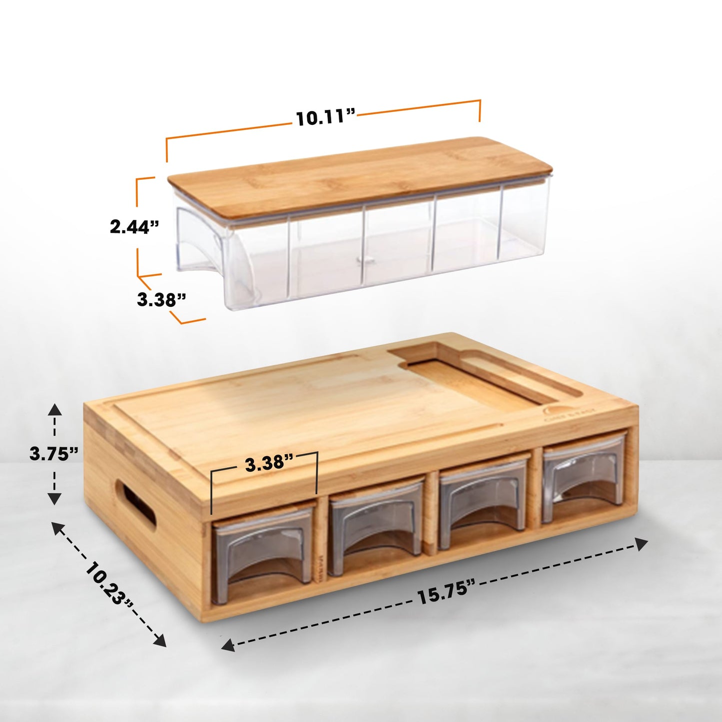 Cheer Collection Bamboo Cutting Board with Integrated Graters and 4 Storage Trays with Lids