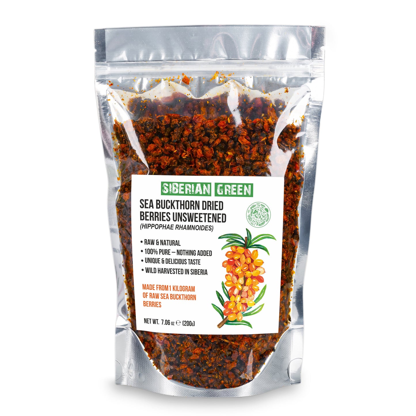 Siberian Sea Buckthorn Dried Berries 200g (7.06 oz) Raw Naturally Oily Premium Omega-7 Wild Hippophae