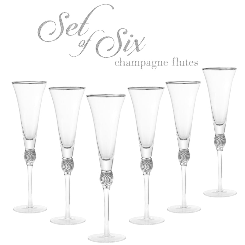 Berkware Set of 6 Champagne Glasses - Luxurious Champagne Trumpet Flutes with Rhodium Silver Dazzling Rhinestone Design and Silver Rim