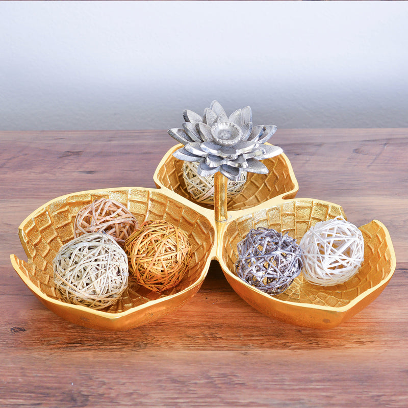 Berkware Lily Inspired Gold Decorative Bowl with Silver Lotus Flower - Three Sectional Elegant Serving Bowl, Candy Dish and Centerpiece Bowl
