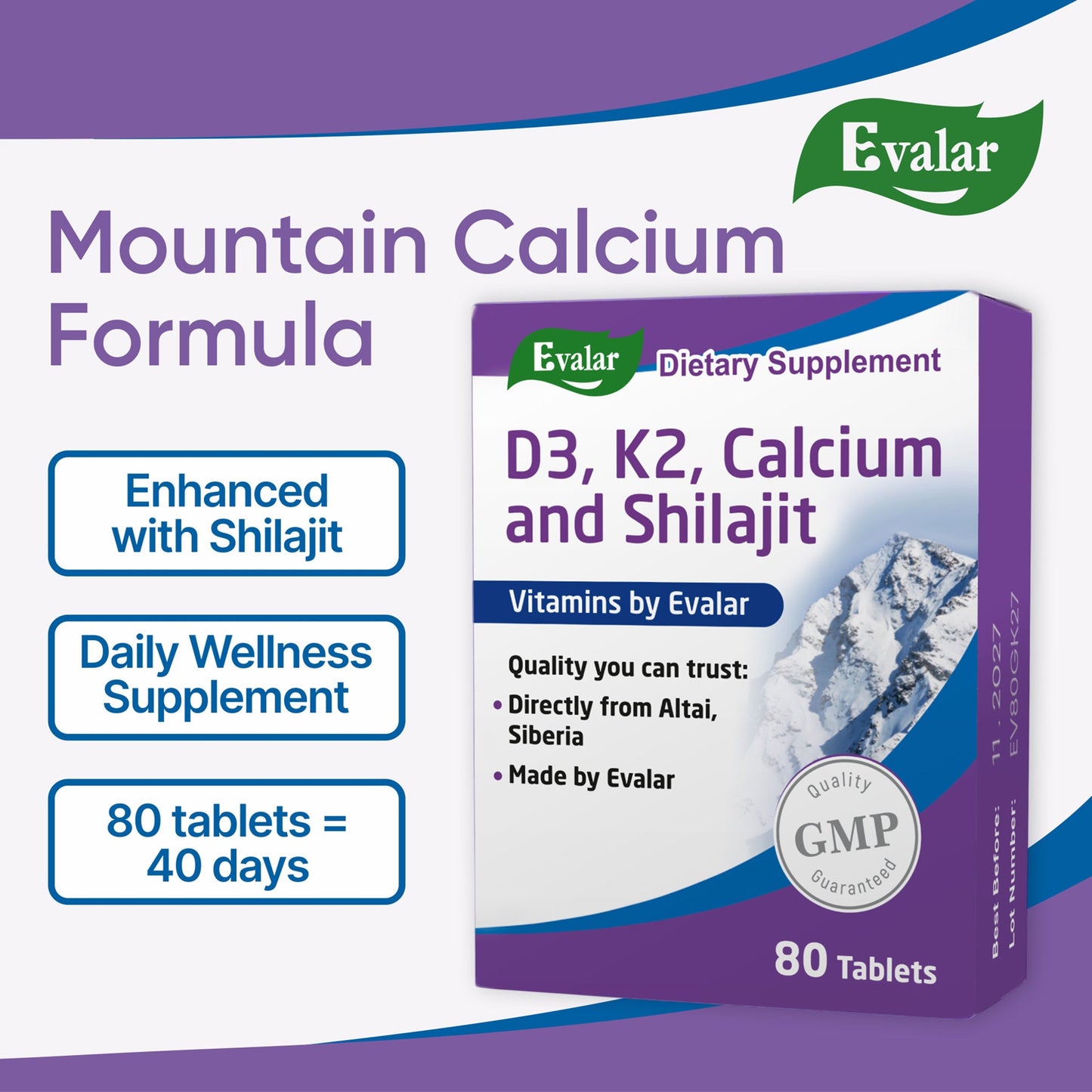 Mountain Calcium with Vitamins D3 + K2 and Shilajit - 80 Tablets | Evalar
